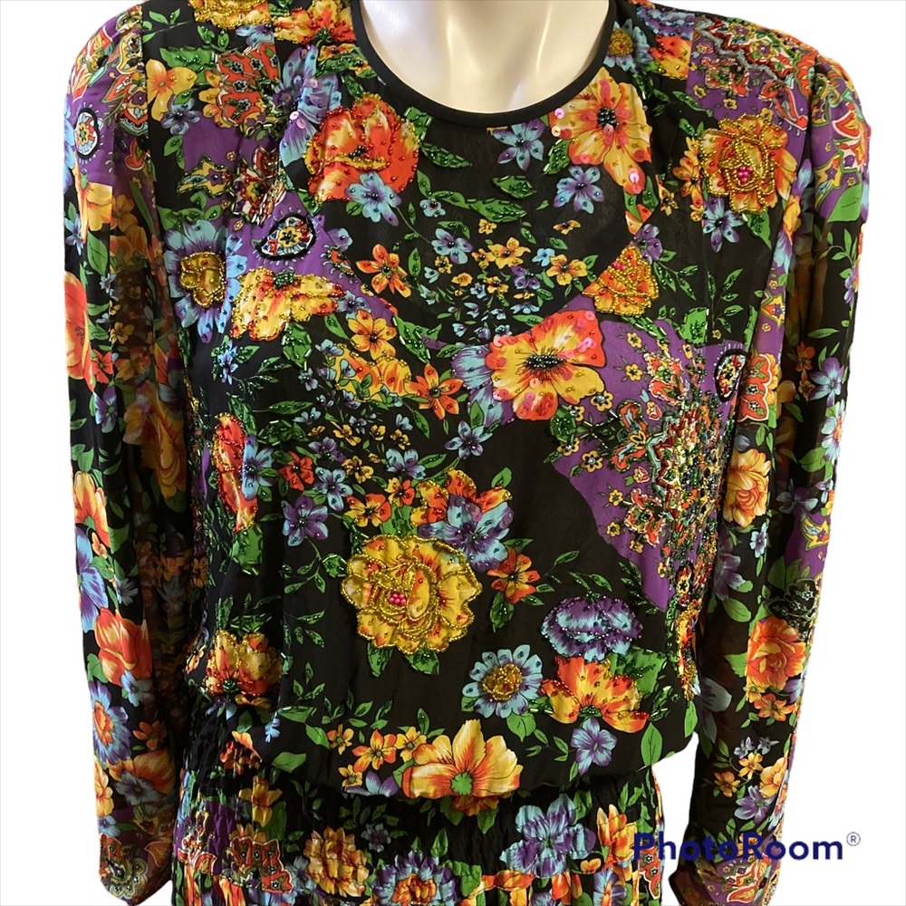 DIANE FREIS Vintage 80s colorful floral beaded dress - Picture 2 of 11